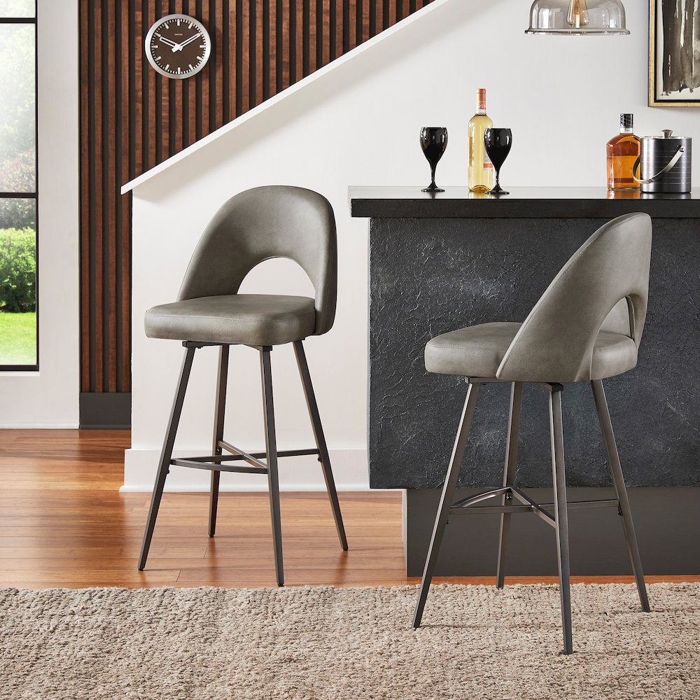 Set of 2, Iron Grey Finish Metal Light Grey PU Swivel Bar Height Chair. Picture 2