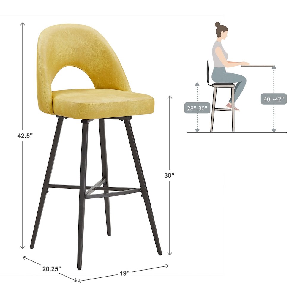 Set of 2, Iron Grey Finish Metal Yellow PU Swivel Bar Height Chair. Picture 6