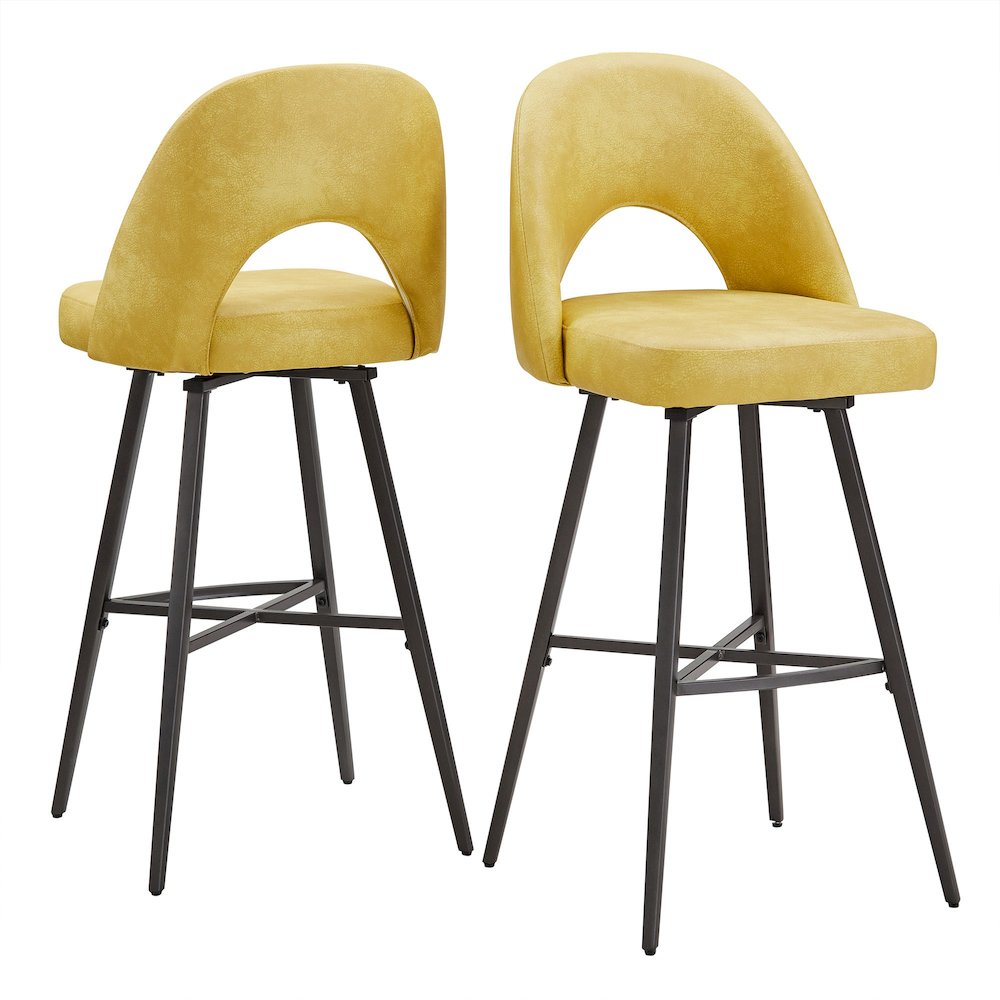 Set of 2, Iron Grey Finish Metal Yellow PU Swivel Bar Height Chair. Picture 10