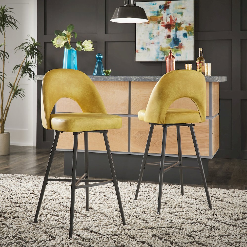 Set of 2, Iron Grey Finish Metal Yellow PU Swivel Bar Height Chair. Picture 1