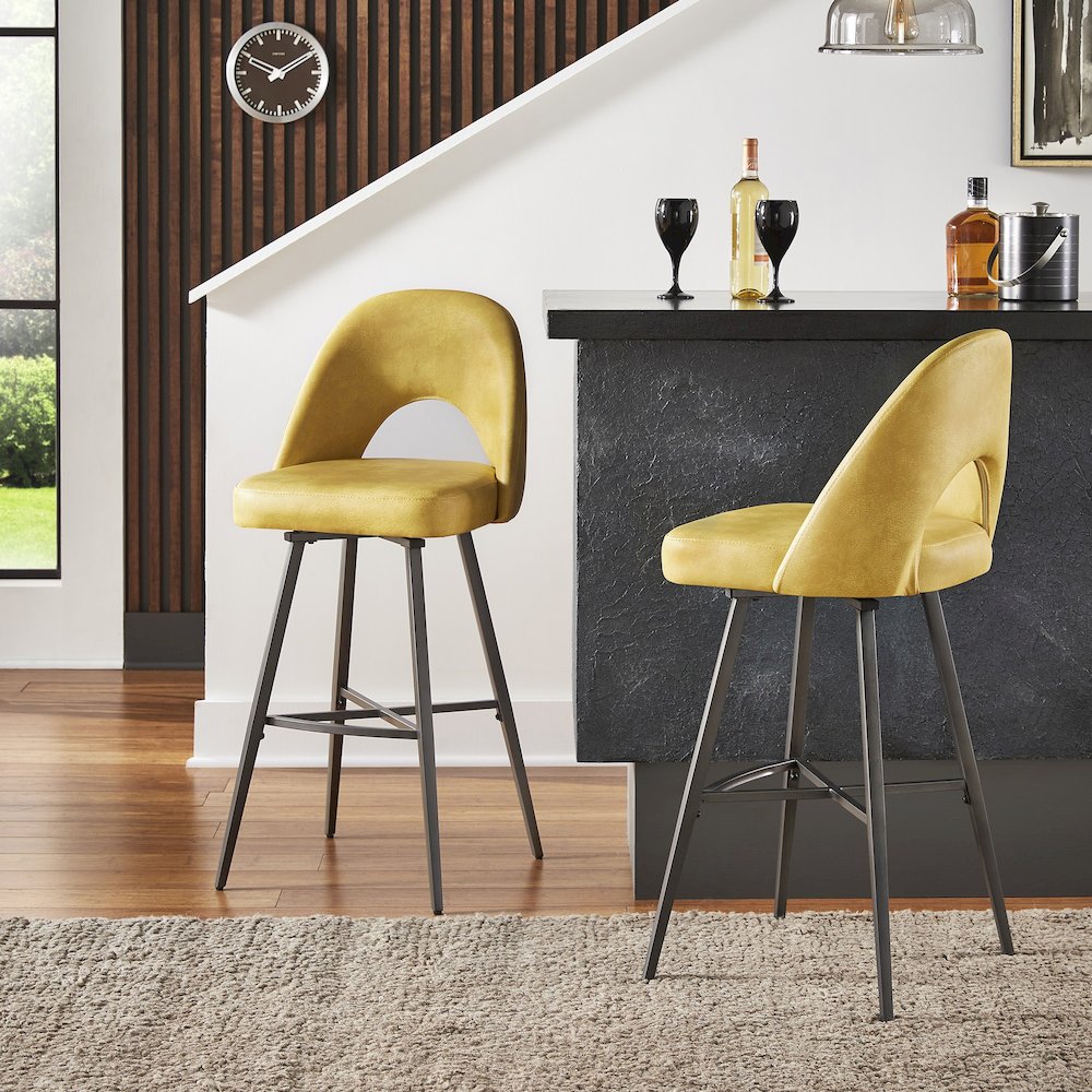 Set of 2, Iron Grey Finish Metal Yellow PU Swivel Bar Height Chair. Picture 2