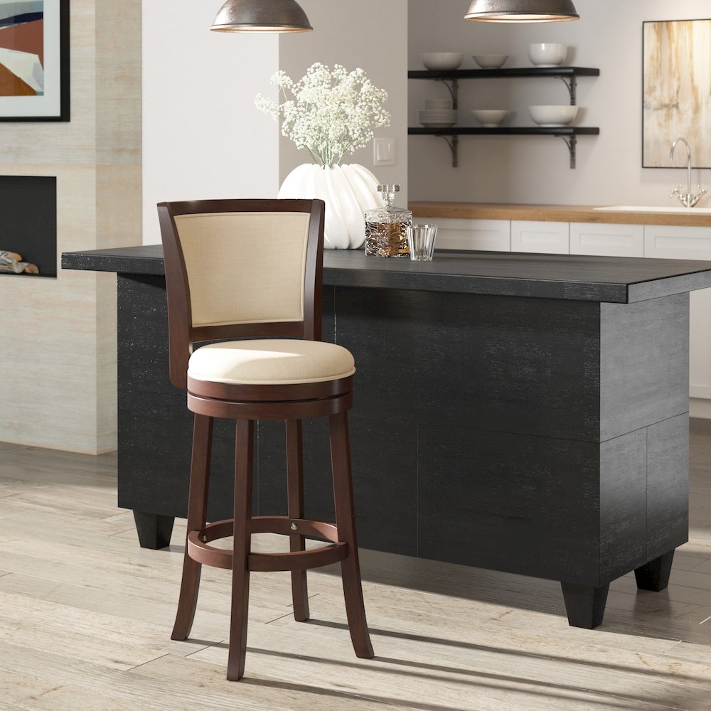 Dark Cherry Finish Beige Linen Swivel Bar Height Chair. Picture 1