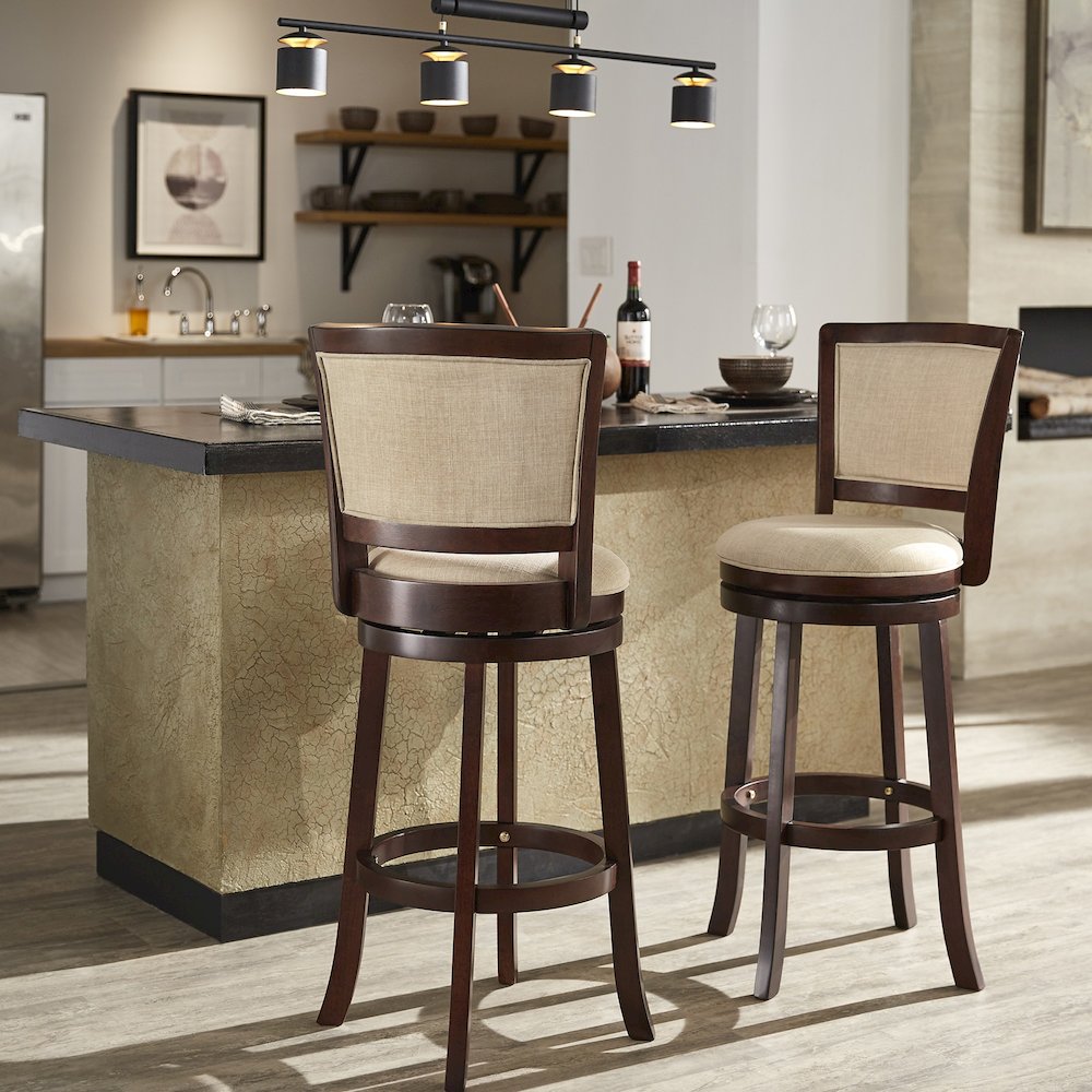 Dark Cherry Finish Beige Linen Swivel Bar Height Chair. Picture 2