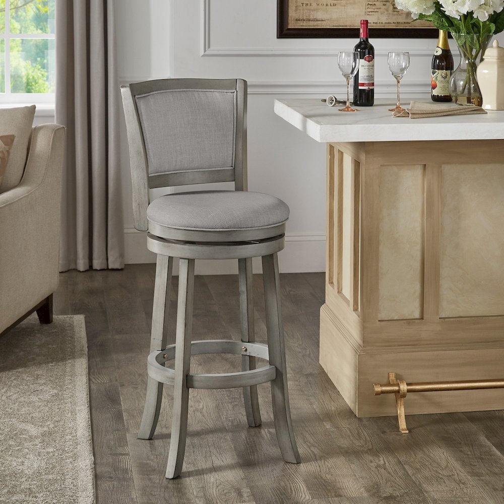 Antique Grey Finish Grey Linen Swivel Bar Height Chair. Picture 2
