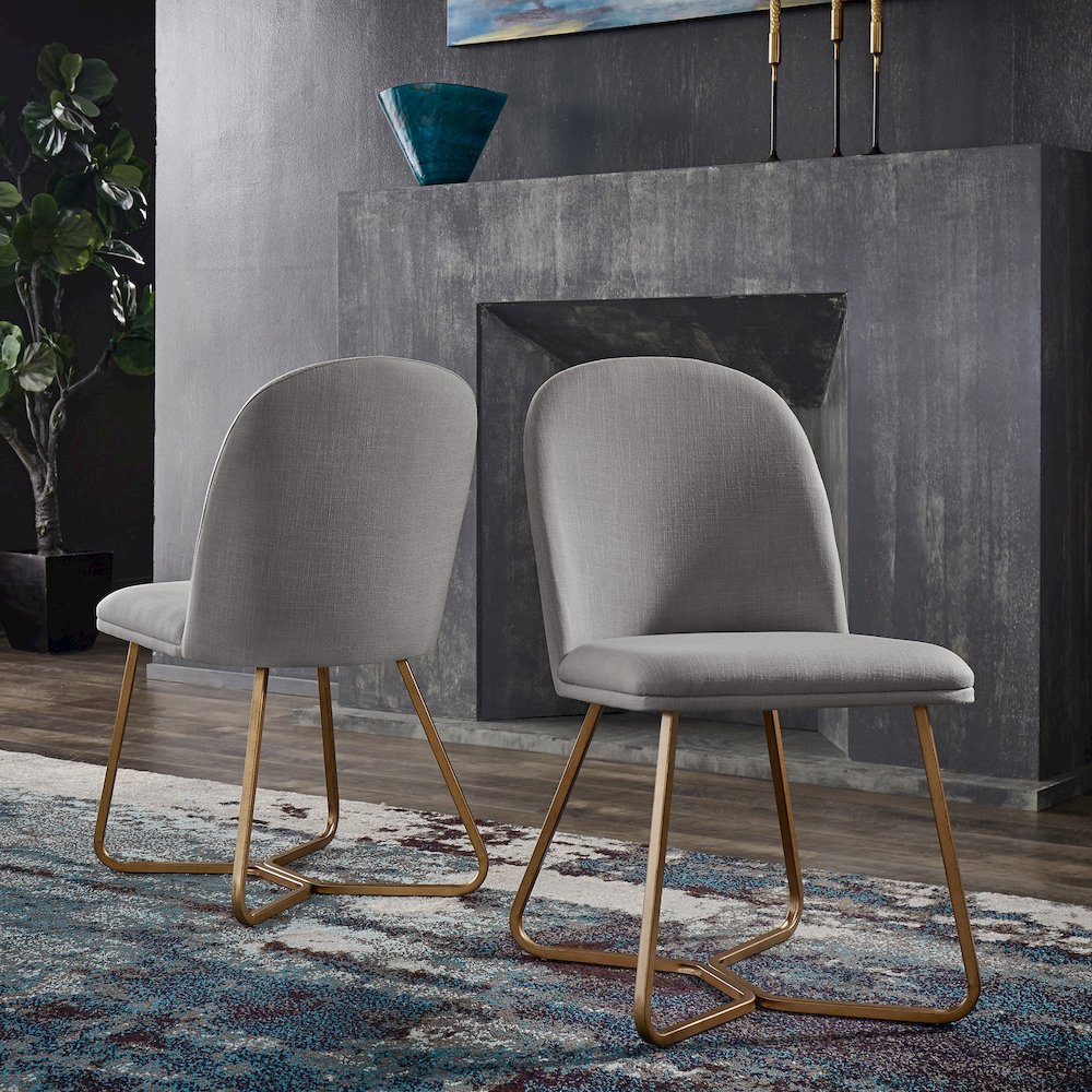 Set of 2, Gold Finish Flint Grey Linen Dining Chair. Picture 2