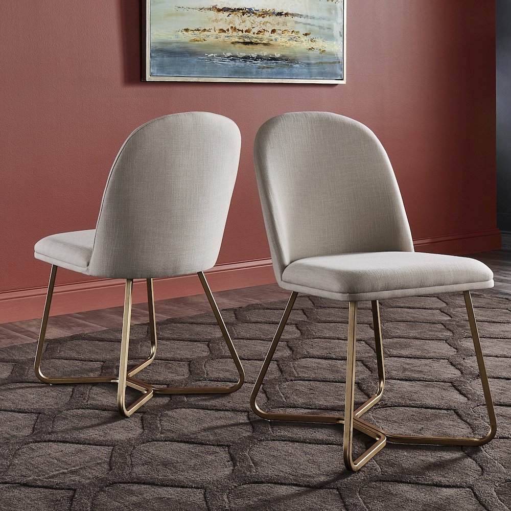 Set of 2, Gold Finish Beige Fabric Dining Chair. Picture 2