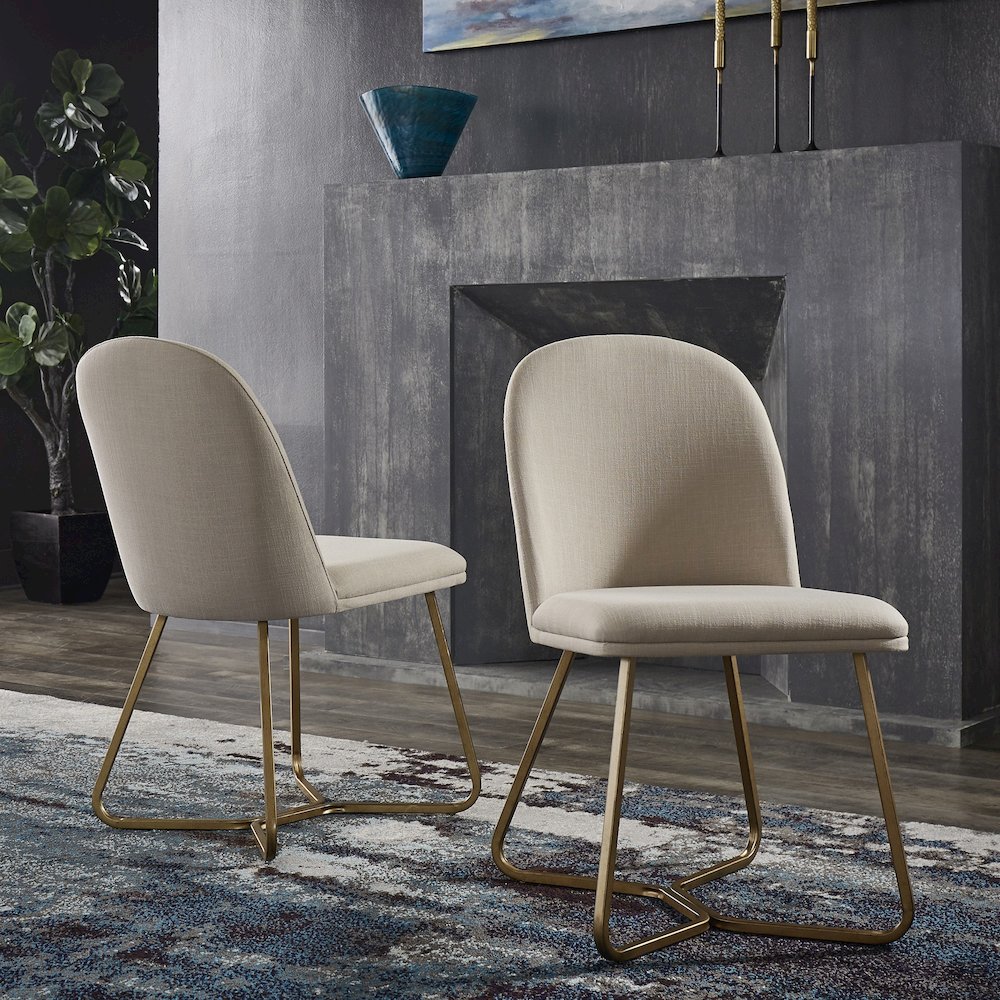 Set of 2, Gold Finish Beige Fabric Dining Chair. Picture 3