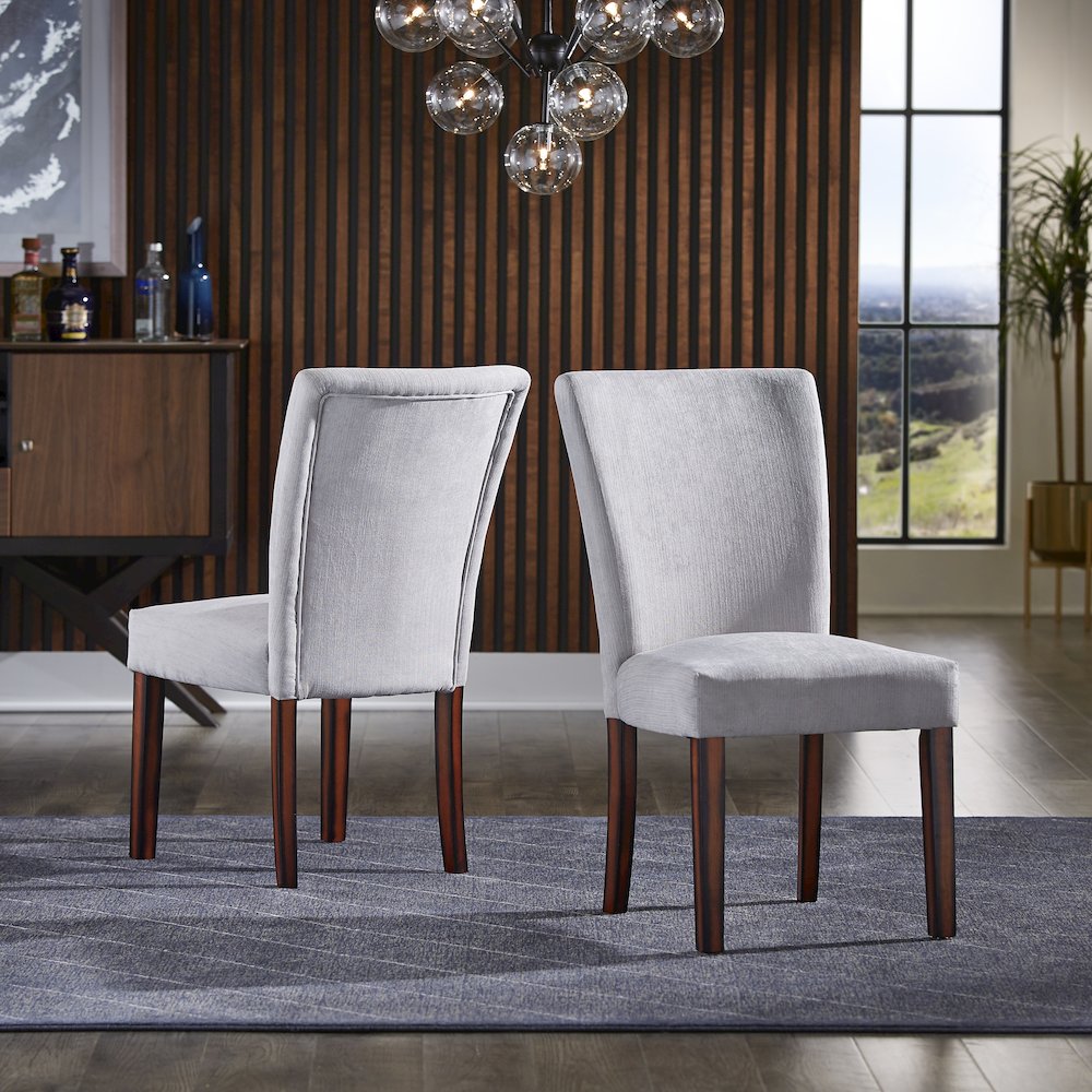 Set of 2, Espresso Finish Silver Grey Chenille Parson Chair. Picture 1