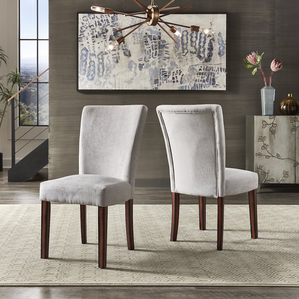 Set of 2, Espresso Finish Silver Grey Chenille Parson Chair. Picture 2