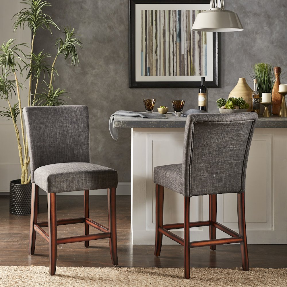 Set of 2, Espresso Finish Dark Grey Linen 26"H Counter Height Chair. Picture 2