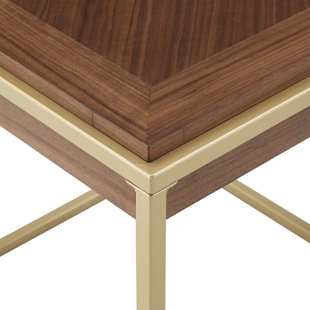 Natural Finish Square End Table With Gold Metal Base. Picture 3