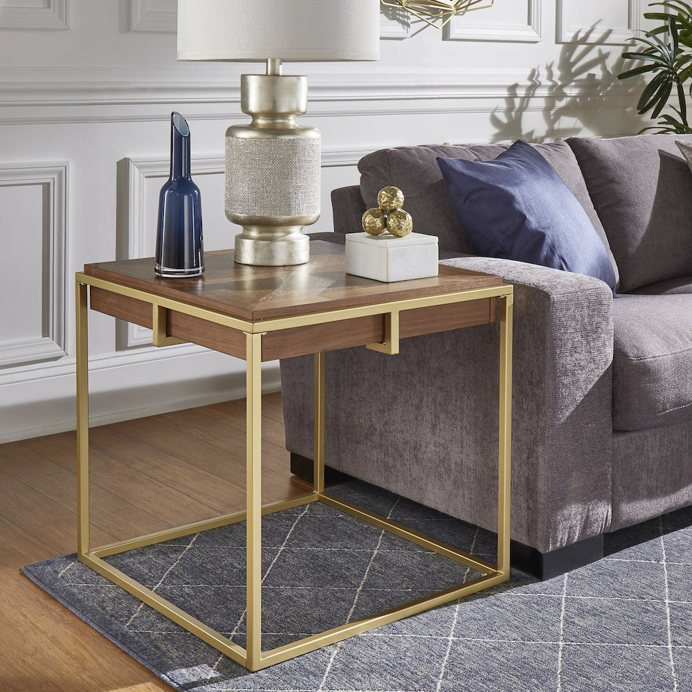 Natural Finish Square End Table With Gold Metal Base. Picture 2