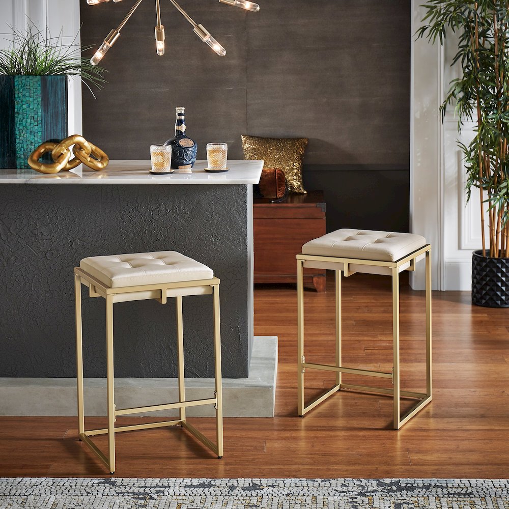 Set of 2, Gold Finish Beige Velvet Counter Height Stool. Picture 1