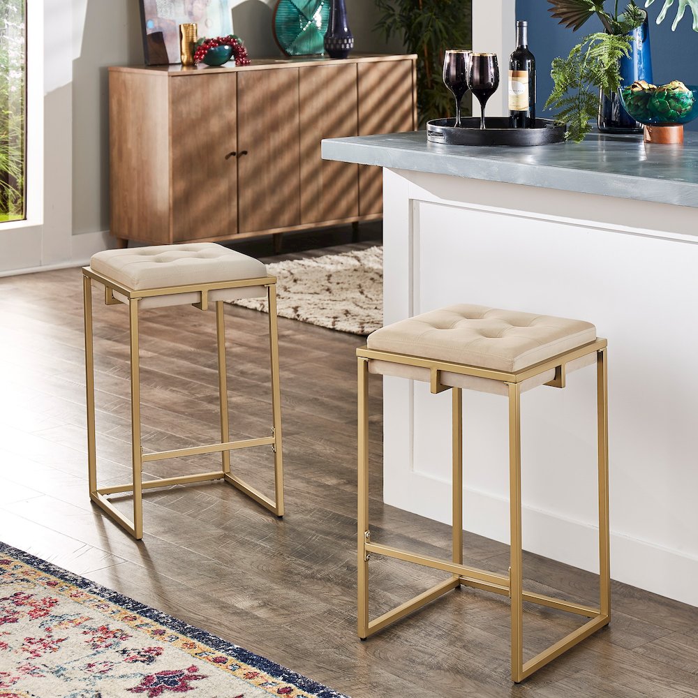 Set of 2, Gold Finish Beige Velvet Counter Height Stool. Picture 2