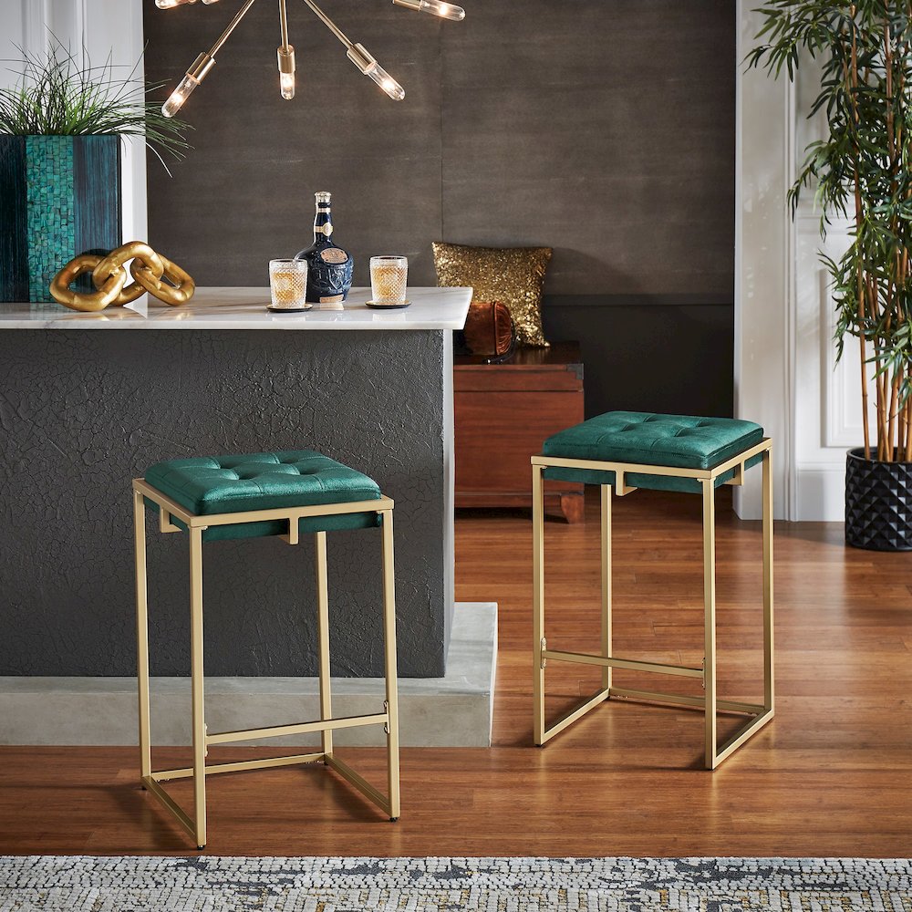 Set of 2, Gold Finish Dark Green Velvet Counter Height Stool. Picture 2