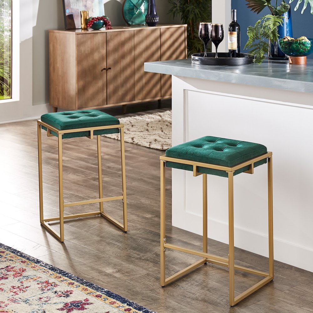 Set of 2, Gold Finish Dark Green Velvet Counter Height Stool. Picture 3