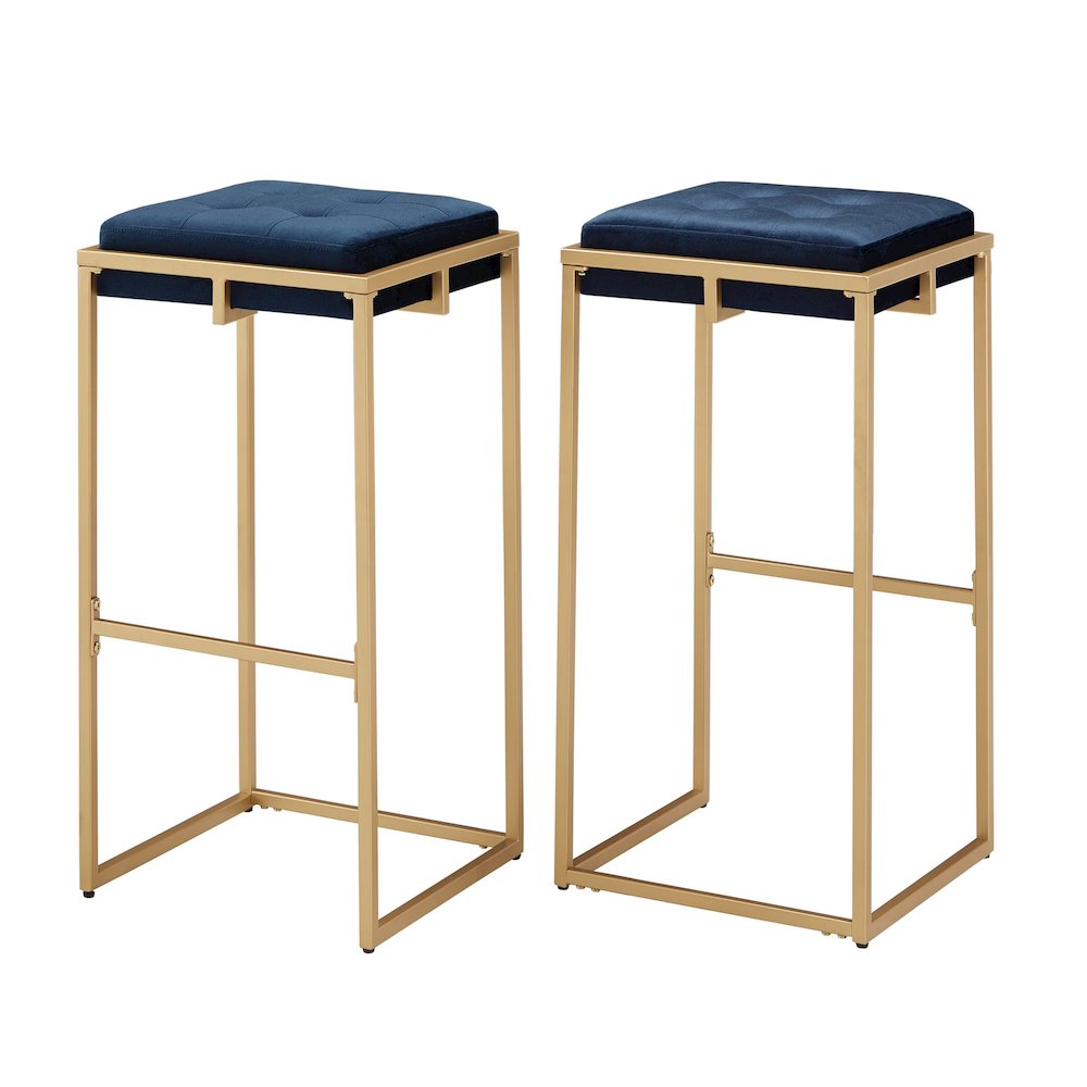 Set of 2, Gold Finish Blue Velvet Bar Height Stool. Picture 7