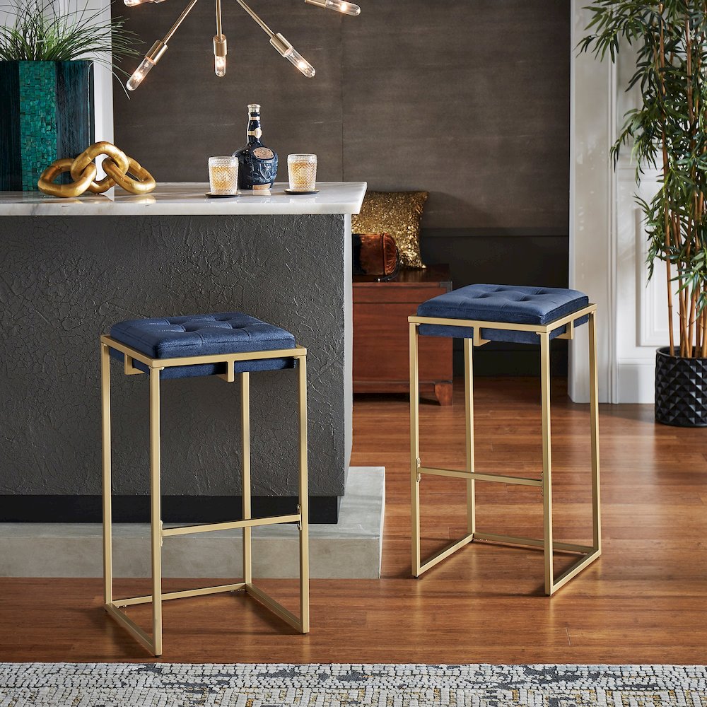 Set of 2, Gold Finish Blue Velvet Bar Height Stool. Picture 2