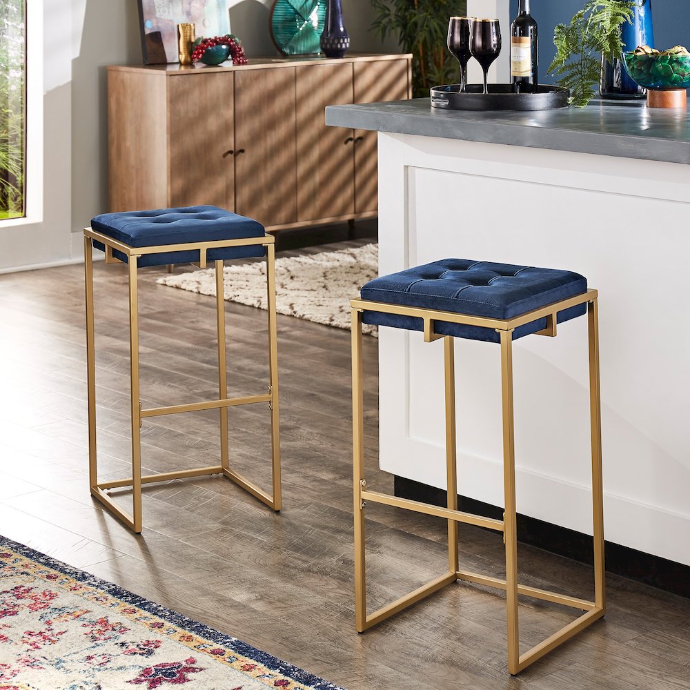 Set of 2, Gold Finish Blue Velvet Bar Height Stool. Picture 3