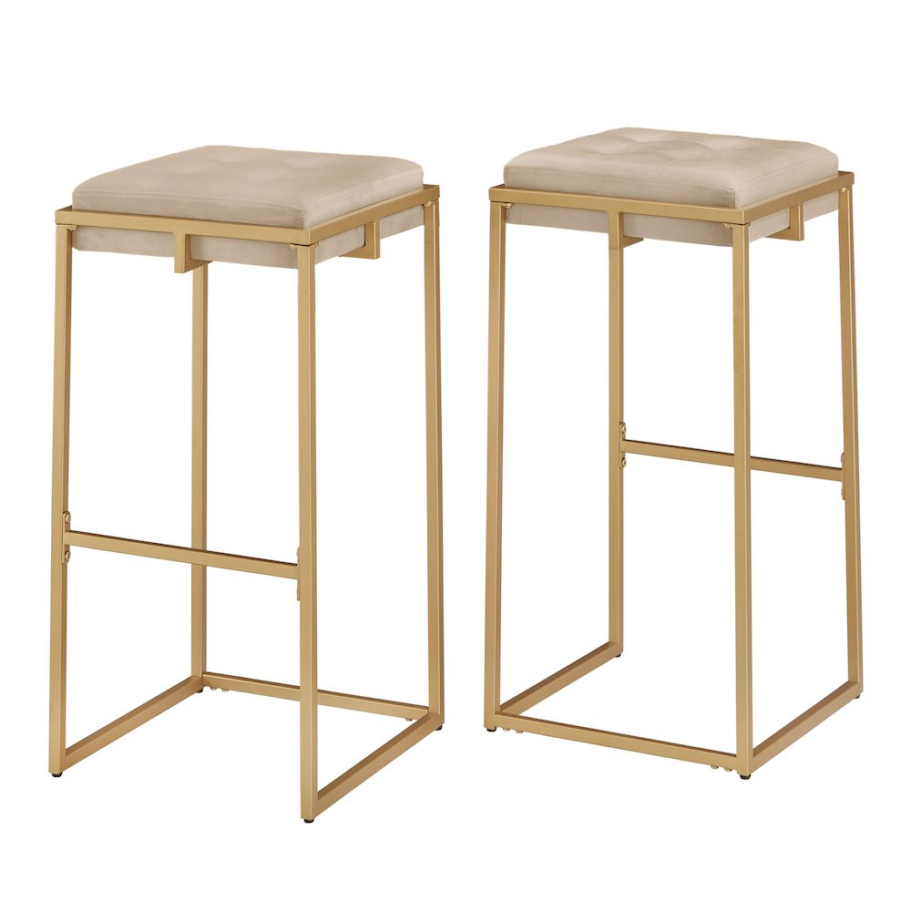 Set of 2, Gold Finish Beige Velvet Bar Height Stool. Picture 7