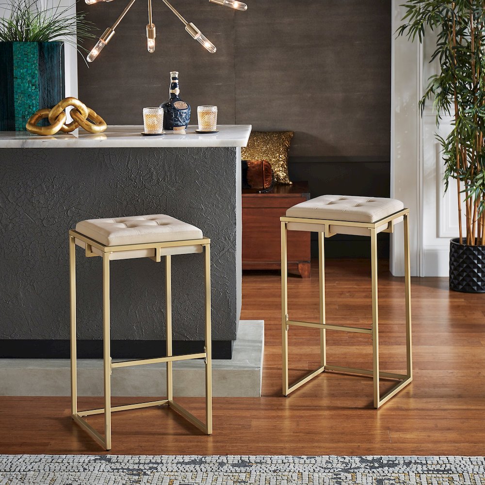 Set of 2, Gold Finish Beige Velvet Bar Height Stool. Picture 2