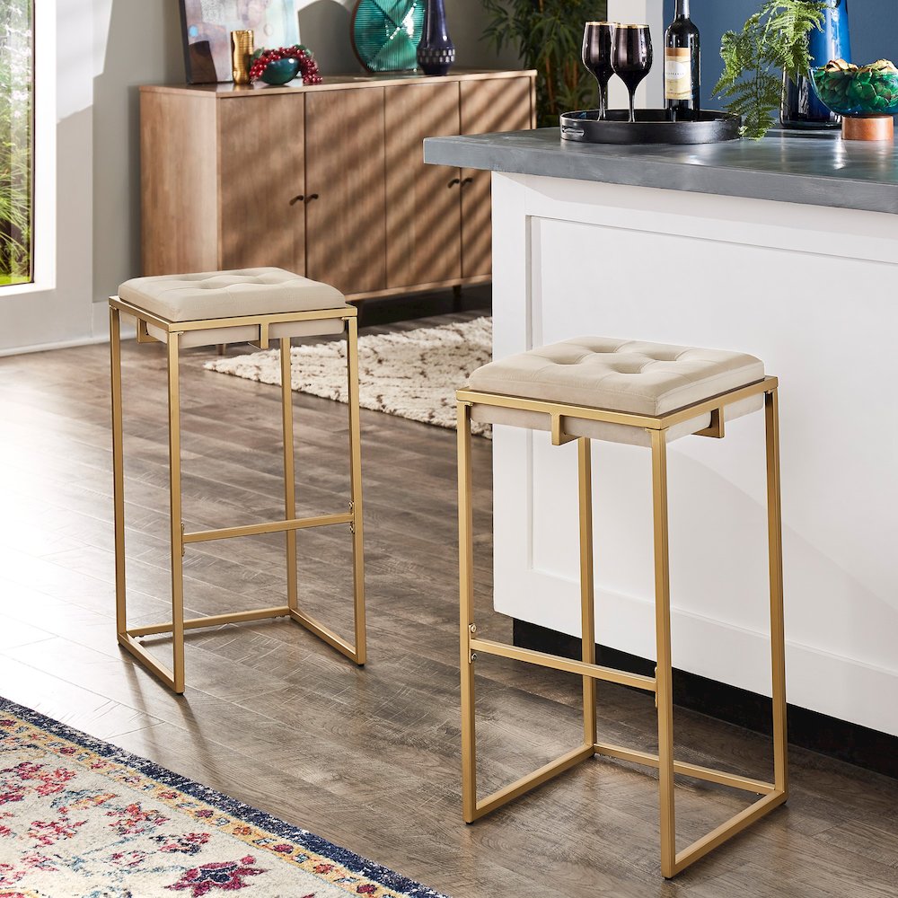 Set of 2, Gold Finish Beige Velvet Bar Height Stool. Picture 3