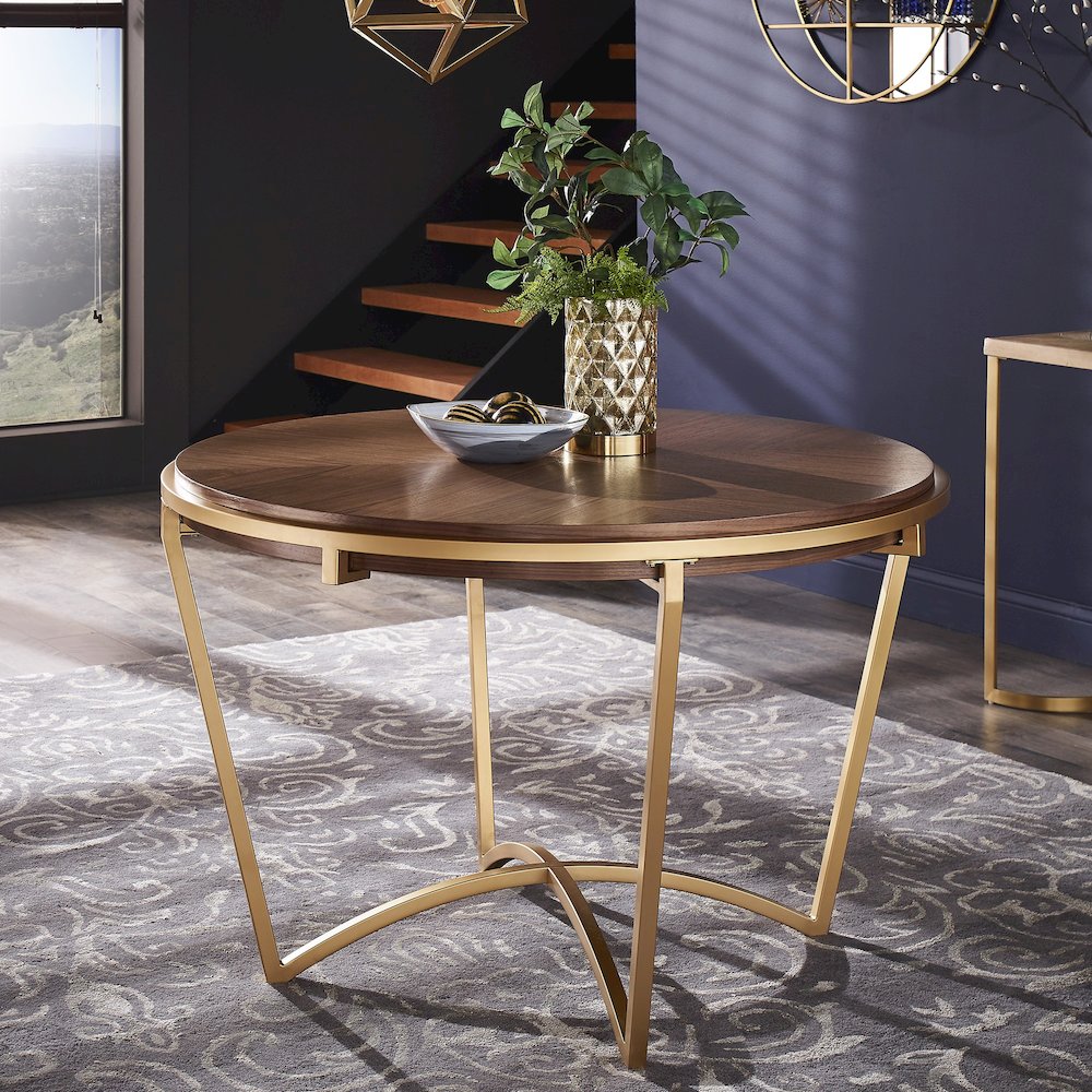 Natural Finish Dining Table With Gold Metal Base. Picture 1