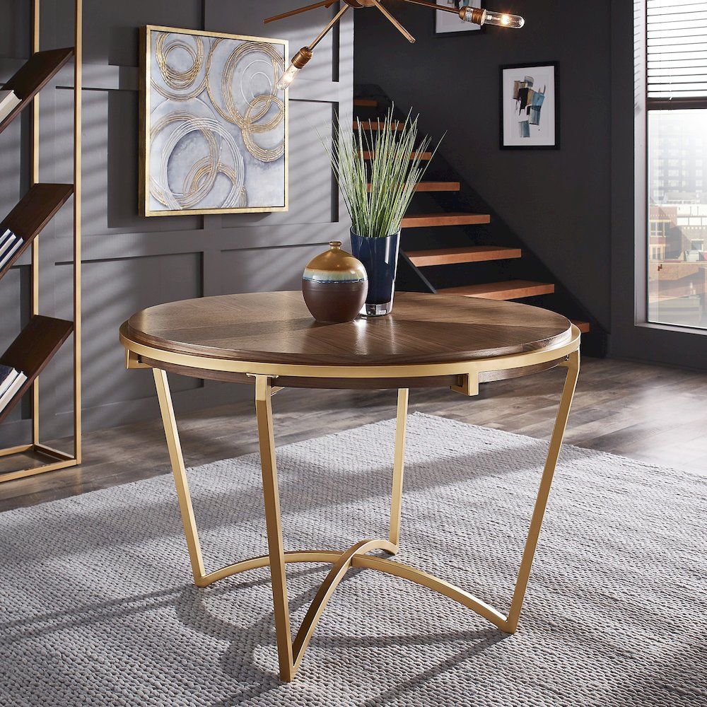 Natural Finish Dining Table With Gold Metal Base. Picture 2
