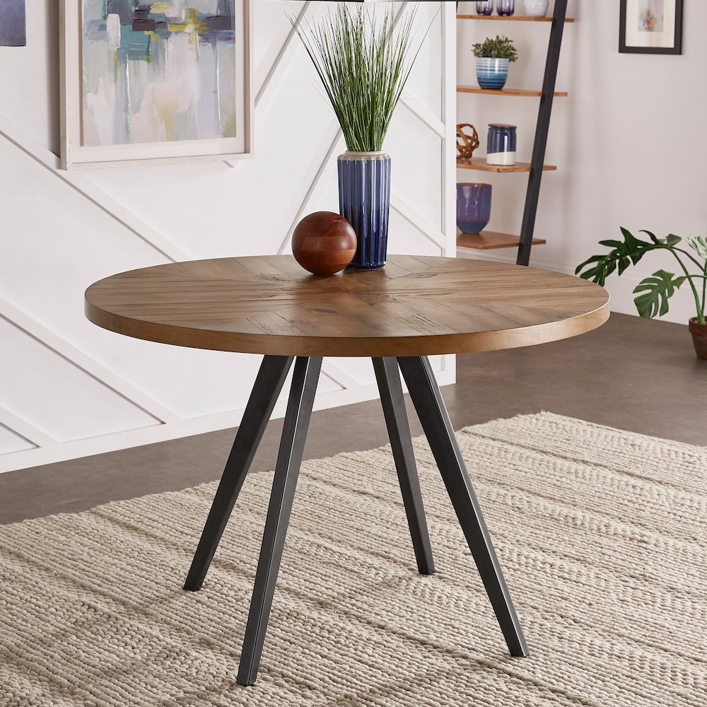 Oak Finish 45" Round Dining Table With Iron Grey Metal Base. Picture 1