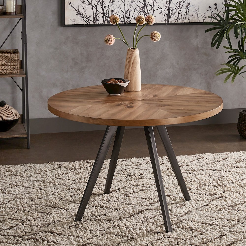 Oak Finish 45" Round Dining Table With Iron Grey Metal Base. Picture 2