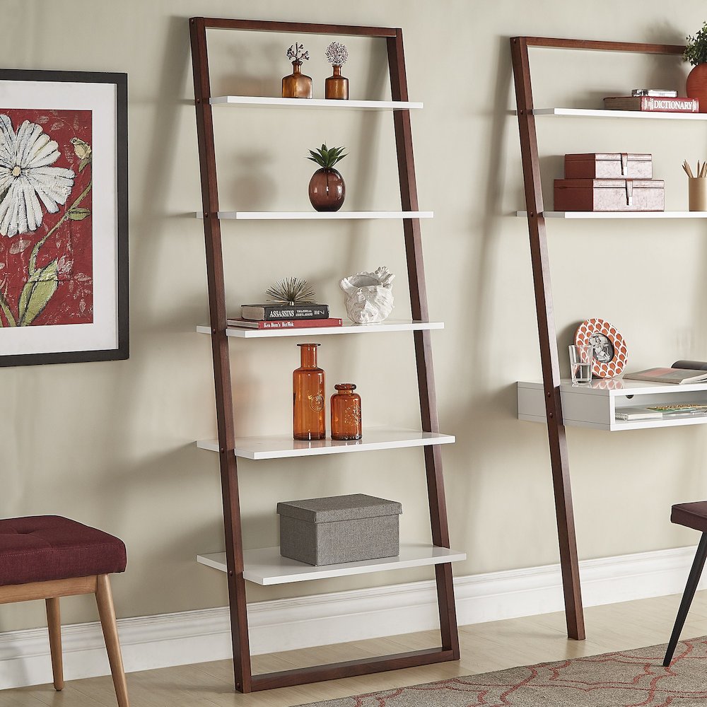 Two-Tone Espresso & White Finish 28"W Ladder Bookcase. Picture 1