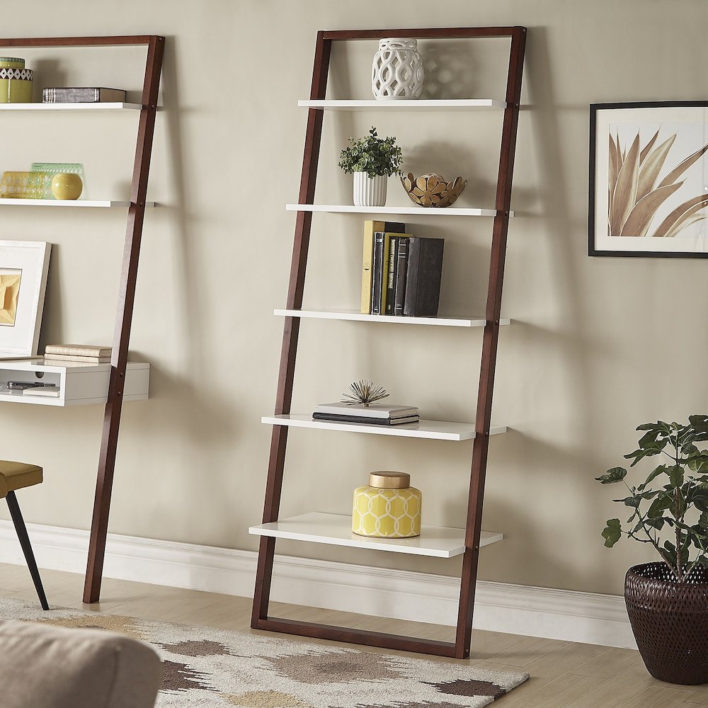 Two-Tone Espresso & White Finish 28"W Ladder Bookcase. Picture 2