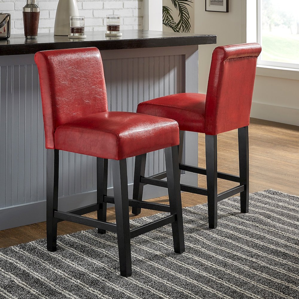 Set of 2, Warm Red Vinyl Counter Height Chair. Picture 1