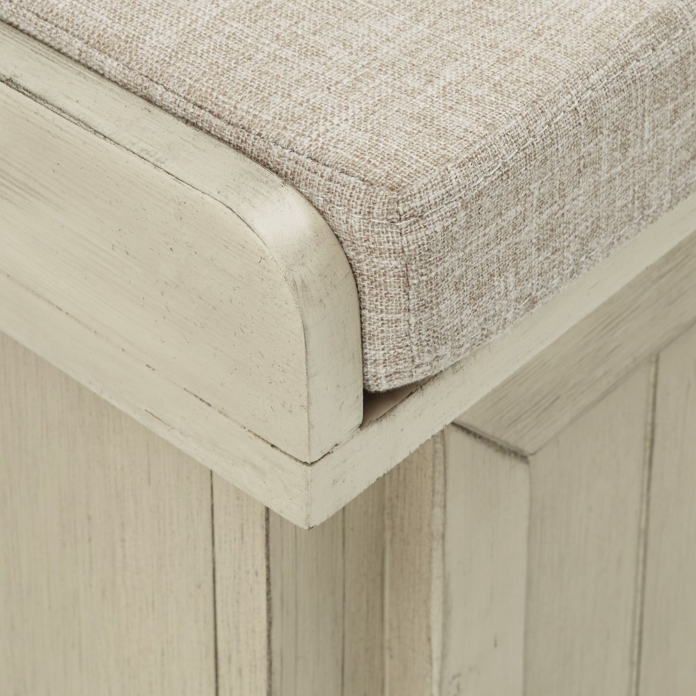Antique White Finish Storage Bench With Beige Linen Cushion. Picture 4