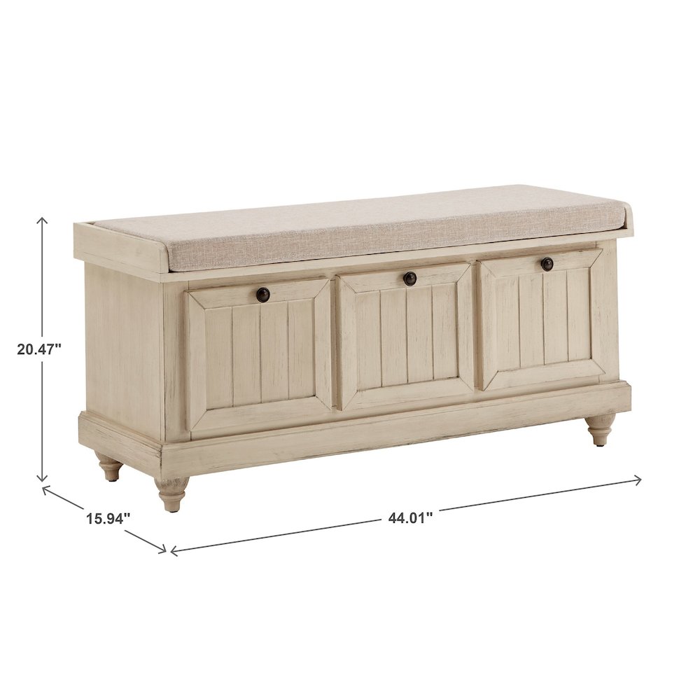 Antique White Finish Storage Bench With Beige Linen Cushion. Picture 5