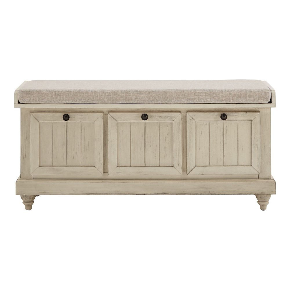 Antique White Finish Storage Bench With Beige Linen Cushion. Picture 1
