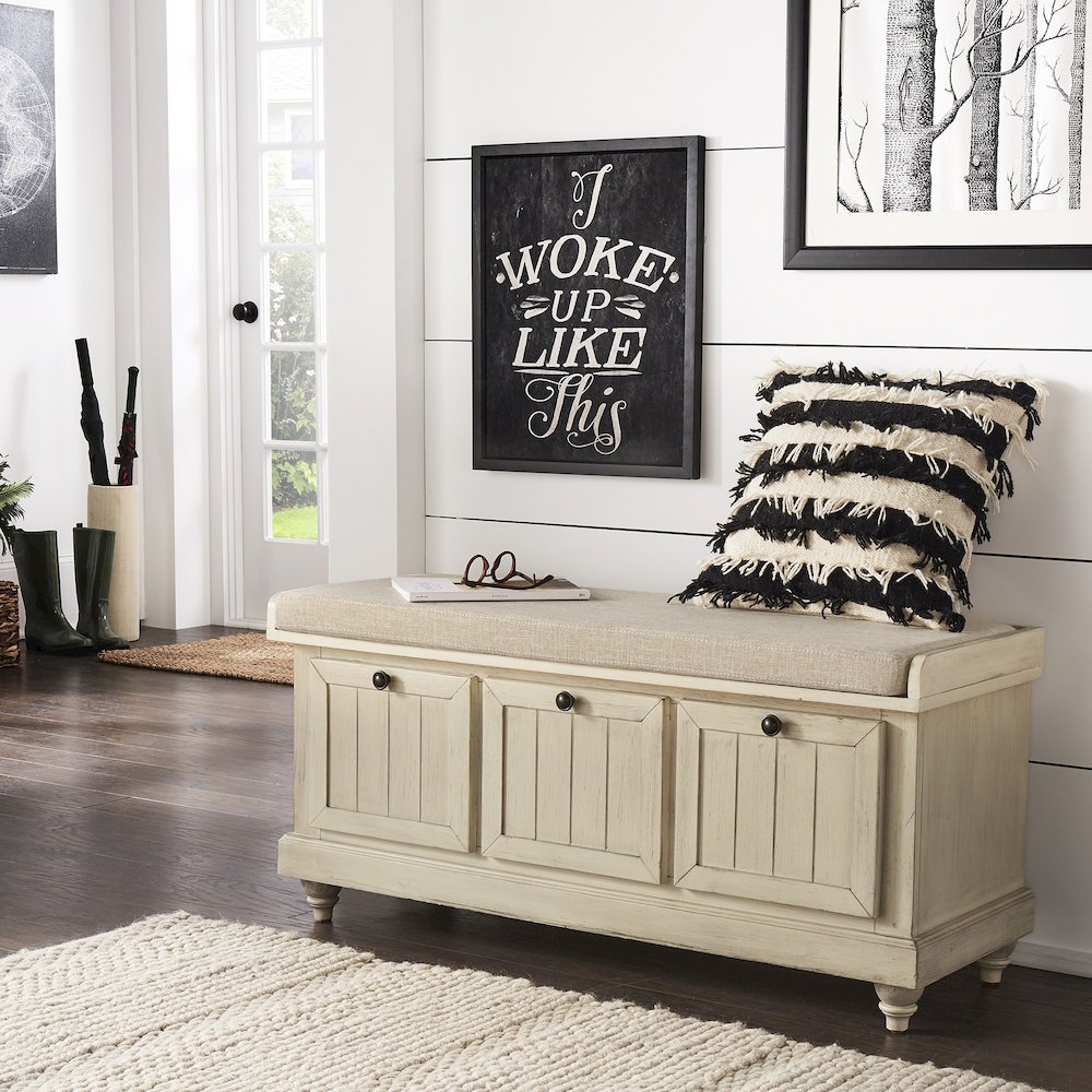 Antique White Finish Storage Bench With Beige Linen Cushion. Picture 2
