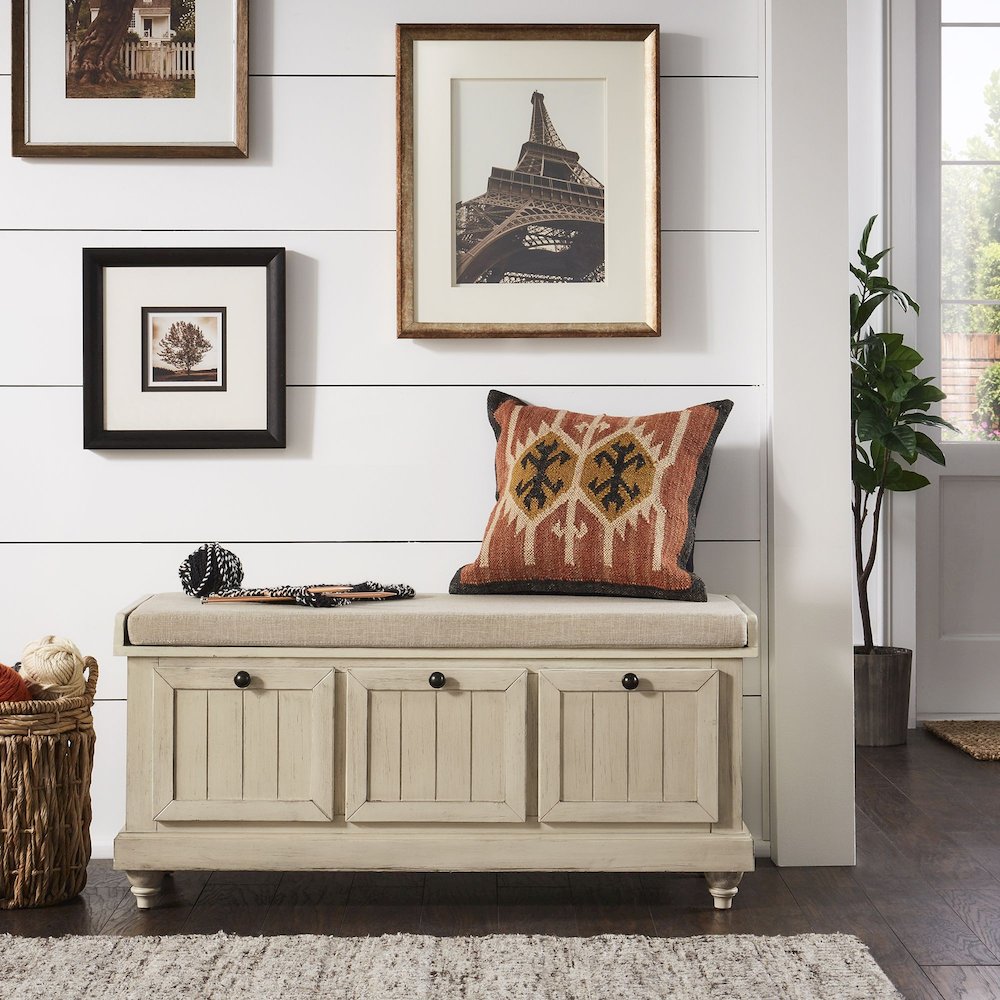 Antique White Finish Storage Bench With Beige Linen Cushion. Picture 3