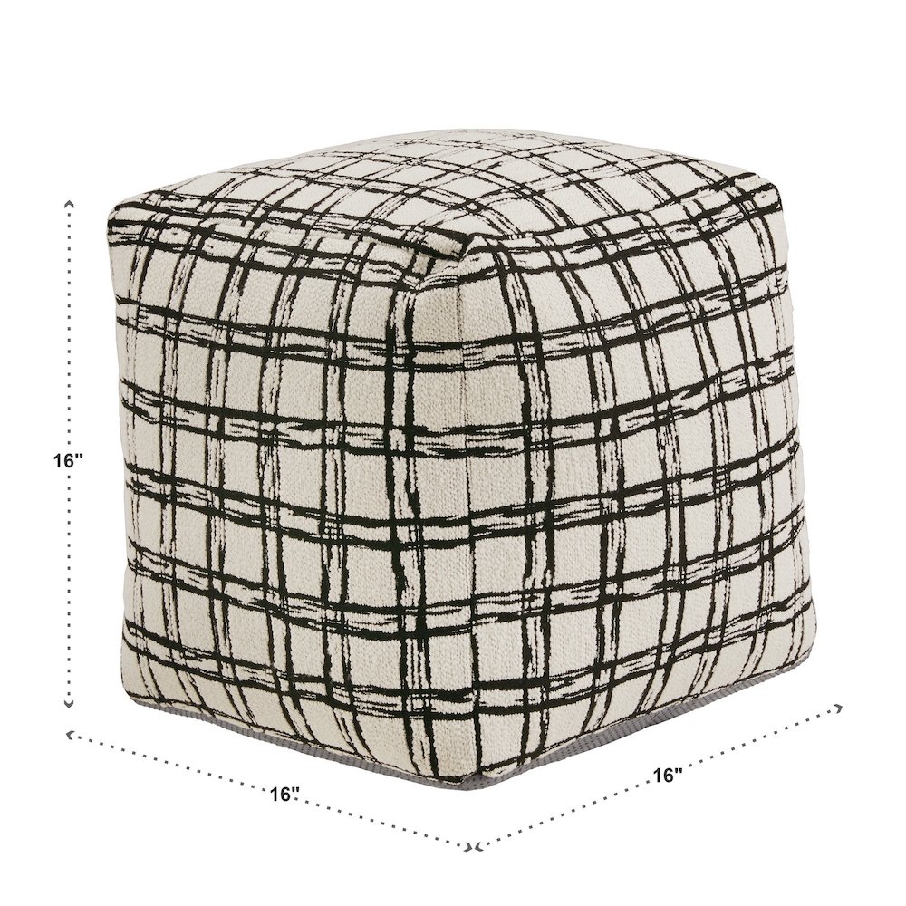 Cube Pouf With Ivory & Black Plaid Pattern Fabric. Picture 3