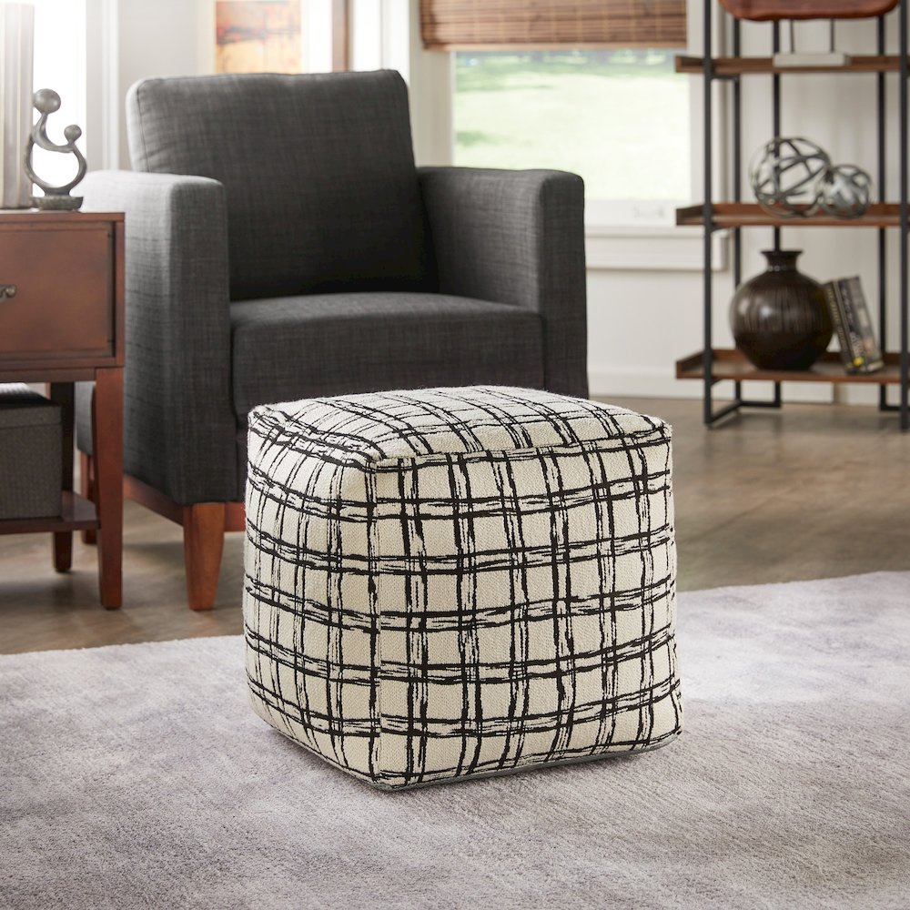 Cube Pouf With Ivory & Black Plaid Pattern Fabric. Picture 1