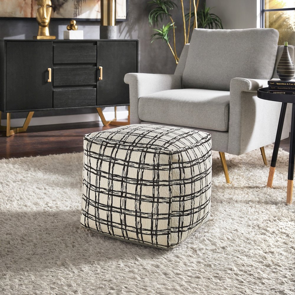 Cube Pouf With Ivory & Black Plaid Pattern Fabric. Picture 2