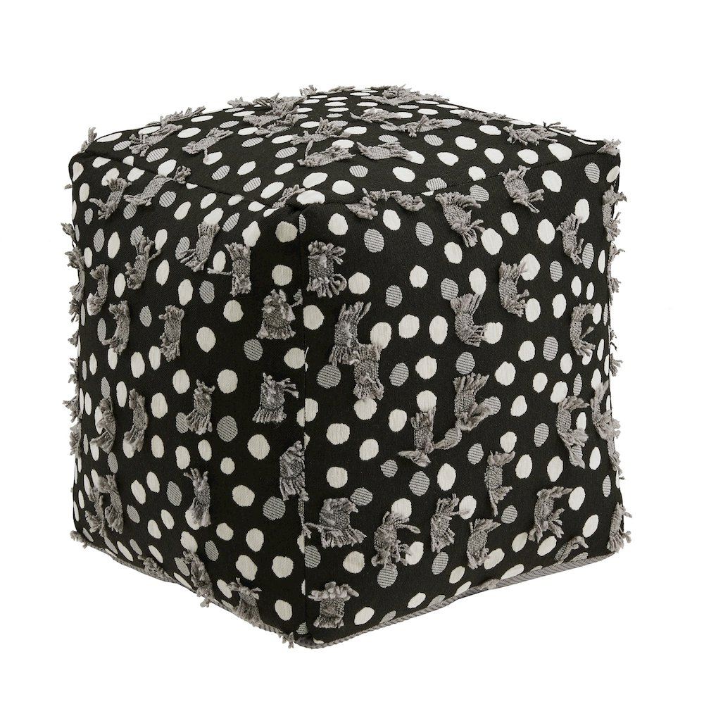 Cube Pouf With Black White & Grey Poker Dot Pattern Fabric With Fringe. Picture 5