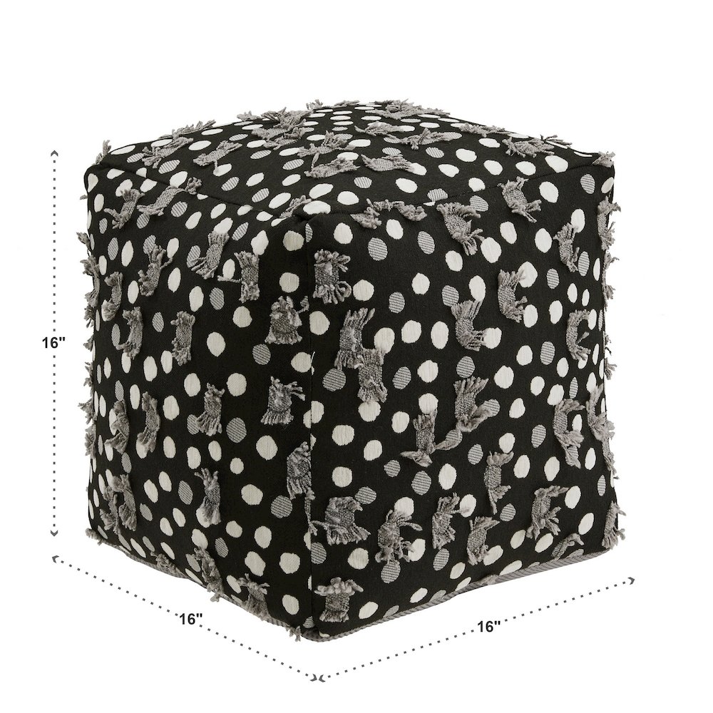 Cube Pouf With Black White & Grey Poker Dot Pattern Fabric With Fringe. Picture 3