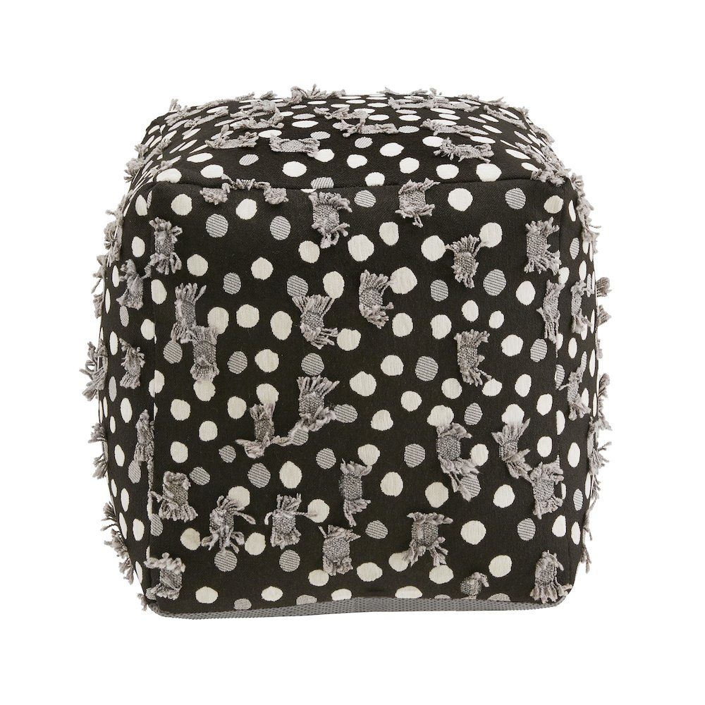 Cube Pouf With Black White & Grey Poker Dot Pattern Fabric With Fringe. Picture 4