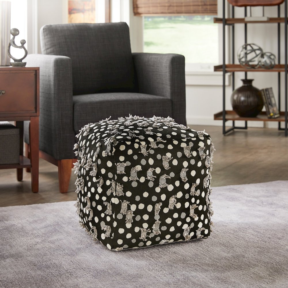Cube Pouf With Black White & Grey Poker Dot Pattern Fabric With Fringe. Picture 1