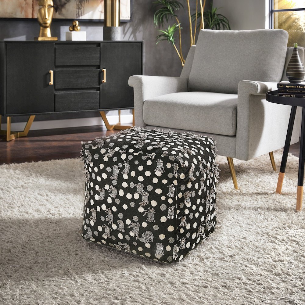 Cube Pouf With Black White & Grey Poker Dot Pattern Fabric With Fringe. Picture 2