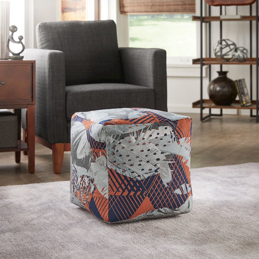 Cube Pouf With Multicolored Abstract Pattern Fabric. Picture 1