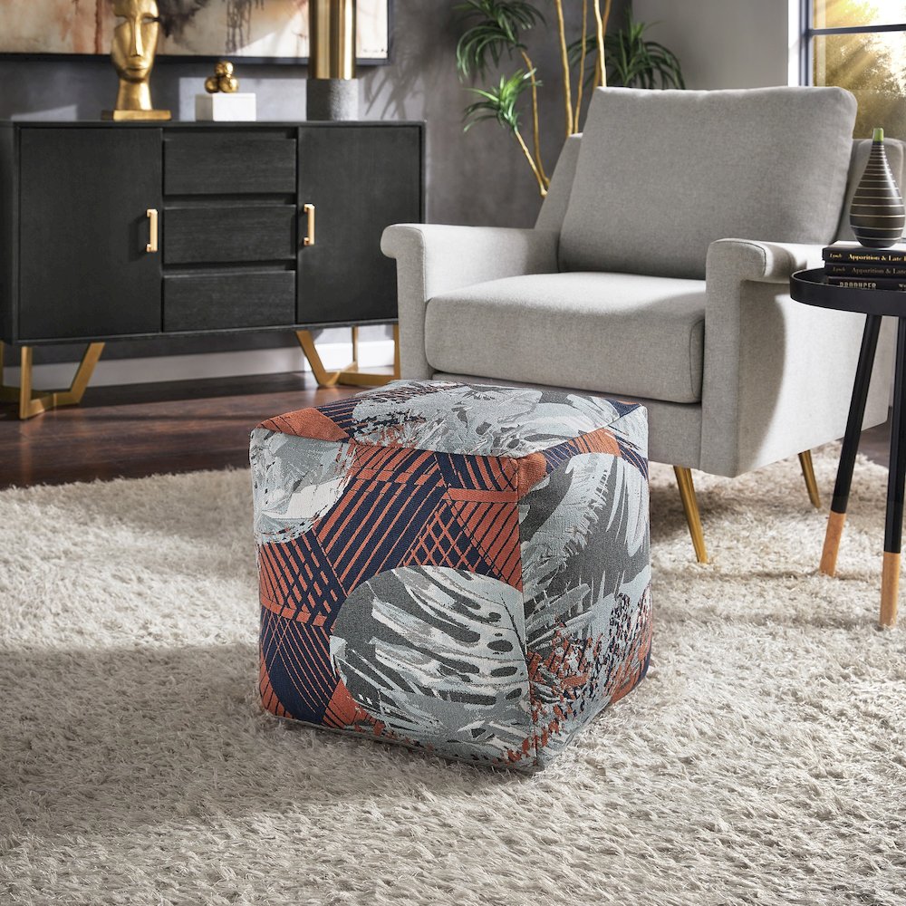Cube Pouf With Multicolored Abstract Pattern Fabric. Picture 2