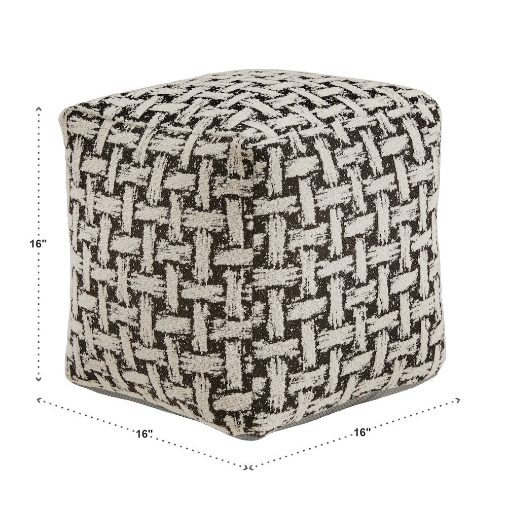 Cube Pouf With White & Black Weaved Pattern Fabric. Picture 3