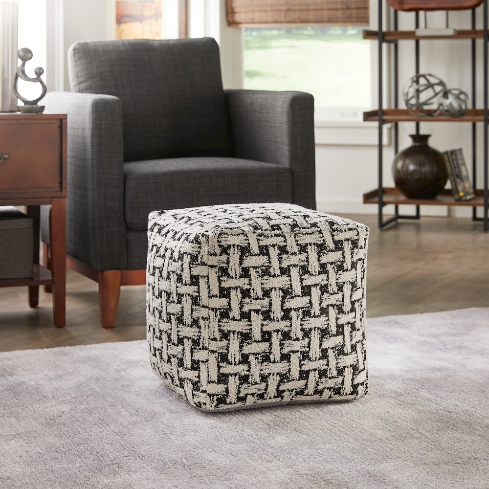 Cube Pouf With White & Black Weaved Pattern Fabric. Picture 1